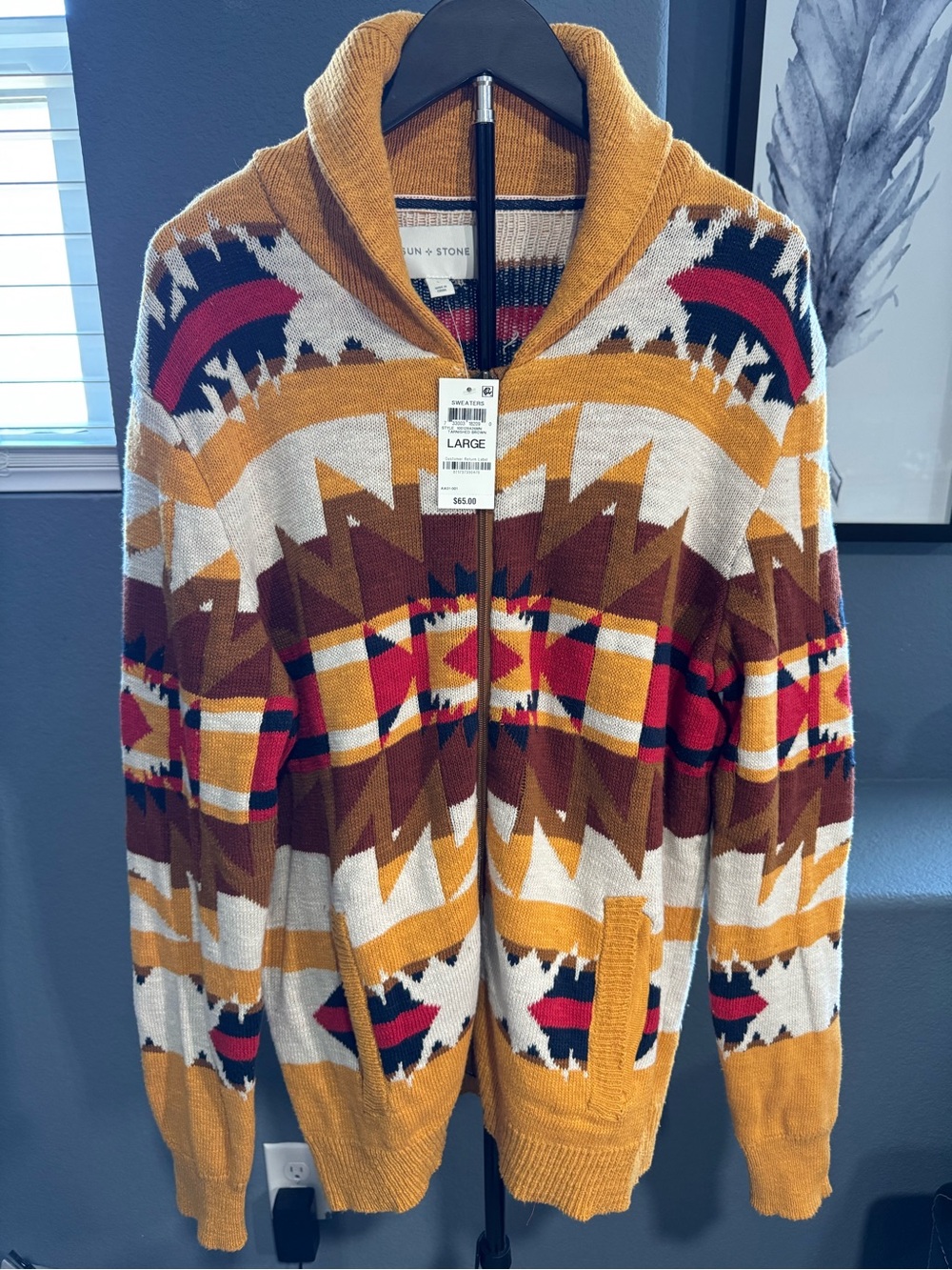 Sun + Stone Men's Zip Cardigan in Mustard, Brown & Red Aztec Motif
